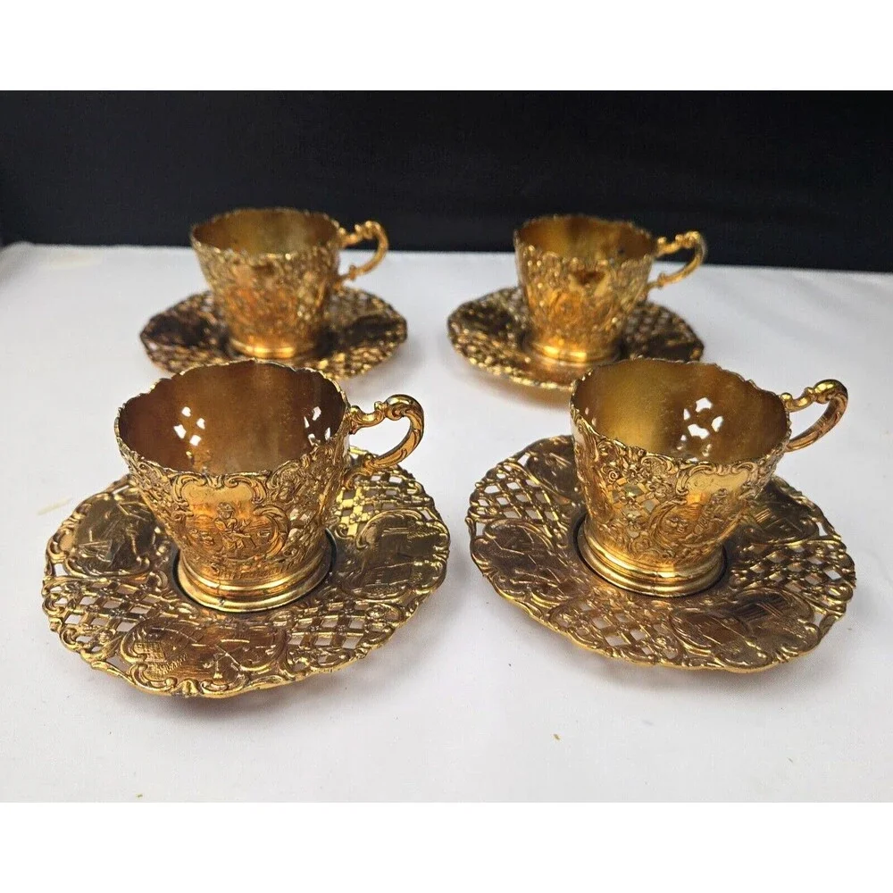 Gold Brass Gilded Plated Metal Demitasse Tea Set Cup Holder & Saucer Set of 4 - Picture 4 of 13
